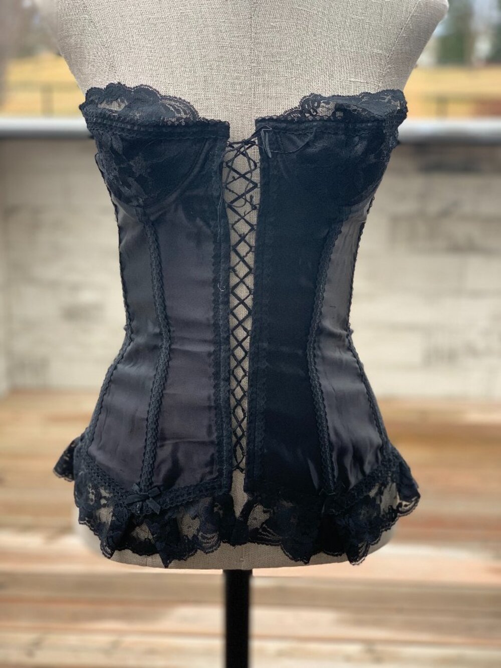 Vintage Lis Leveque Bustier Corset Top 36B Black Satin Sheer Lace Boned Y2K Boho